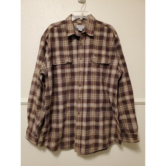 Carhartt Flannel Shirt Men’s XXL Tall Coffee & Camel Thick Comfortable Cotton - Picture 1 of 16